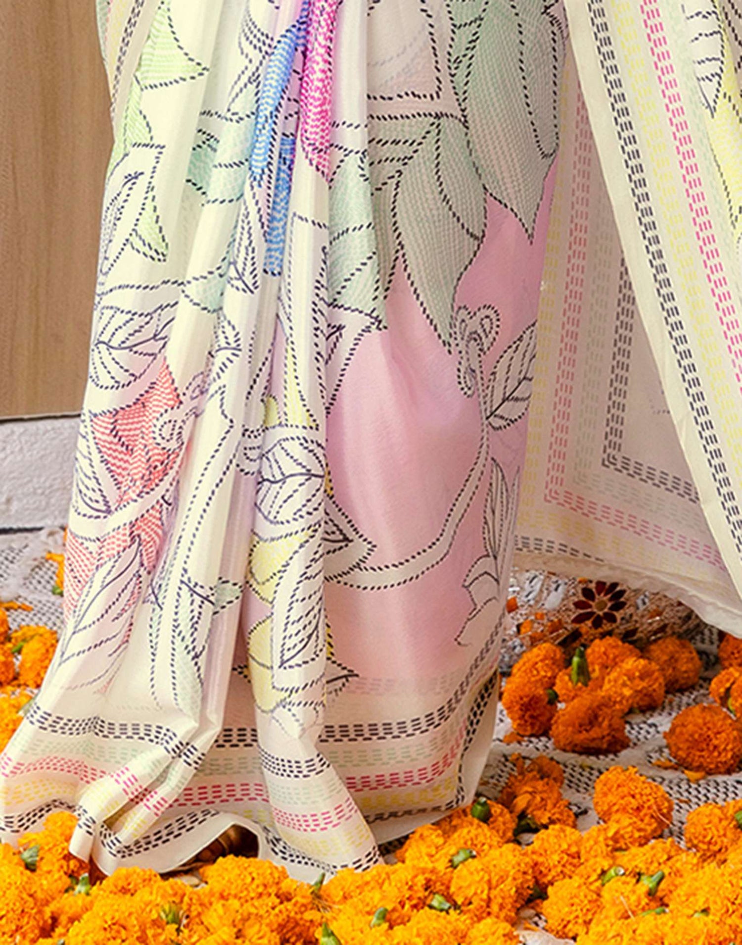 Ready To Wear Off White Silk Printed Saree