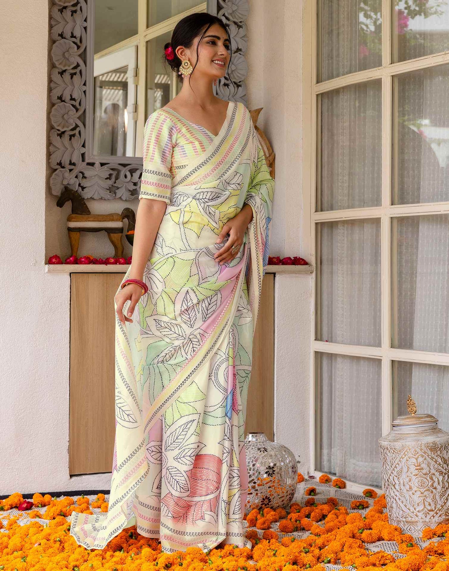 Ready To Wear Off White Silk Printed Saree