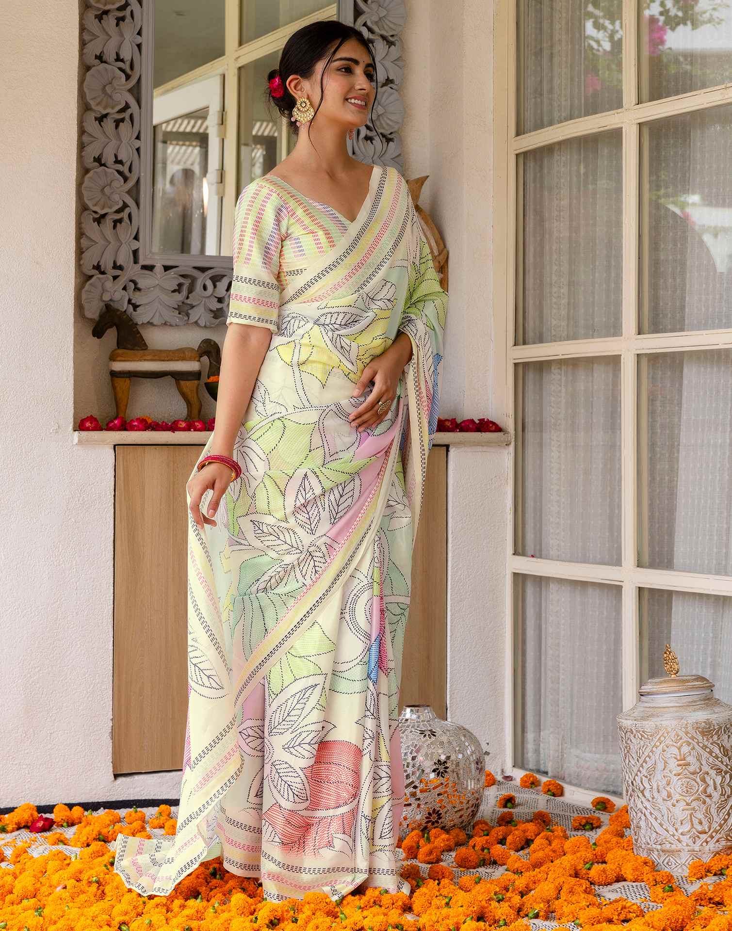 Ready To Wear Off White Silk Printed Saree