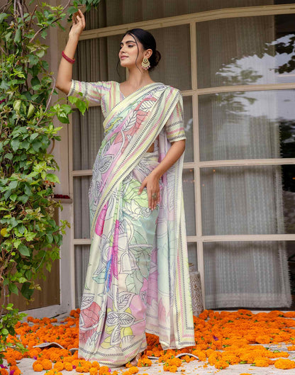 Ready To Wear Off White Silk Printed Saree