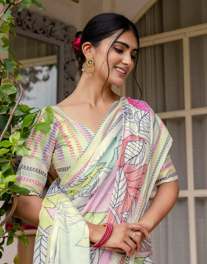 Ready To Wear Off White Silk Printed Saree