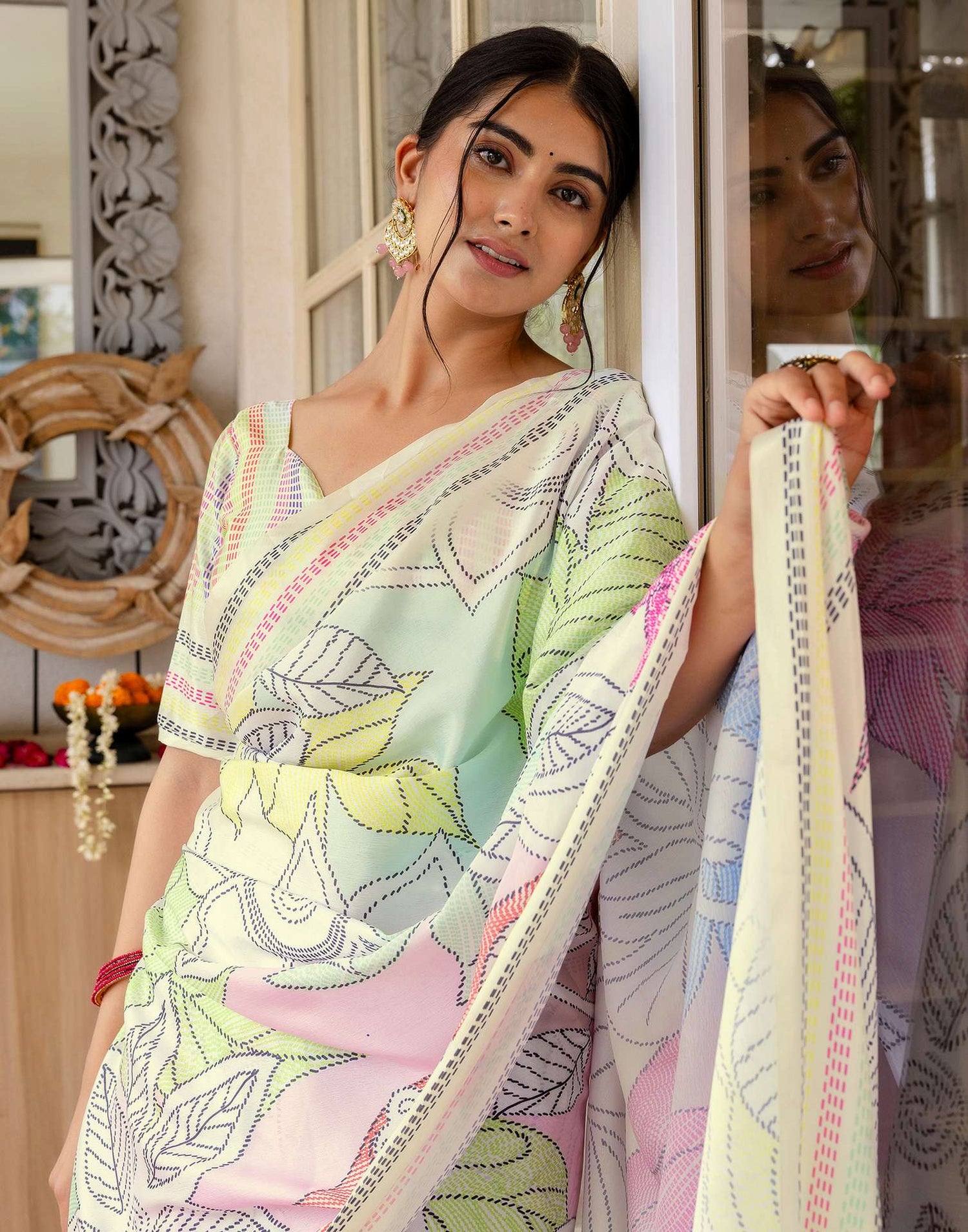 Ready To Wear Off White Silk Printed Saree