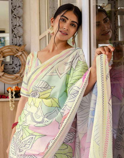 Ready To Wear Off White Silk Printed Saree