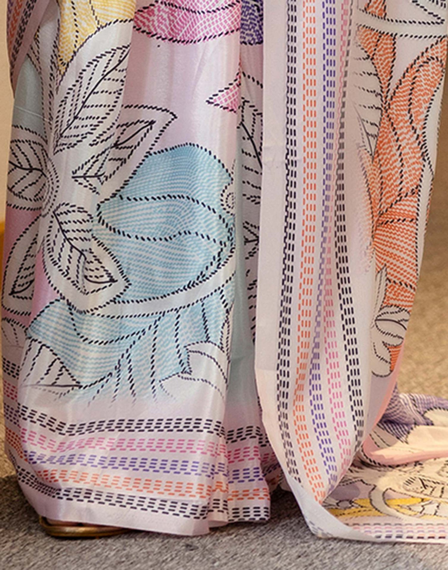 Ready To Wear Off White Silk Printed Saree