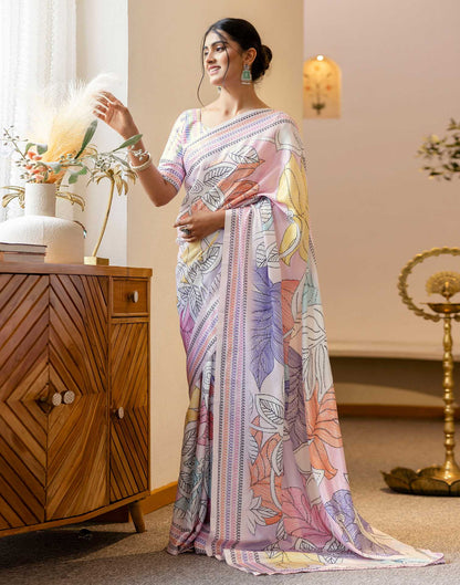 Ready To Wear Off White Silk Printed Saree