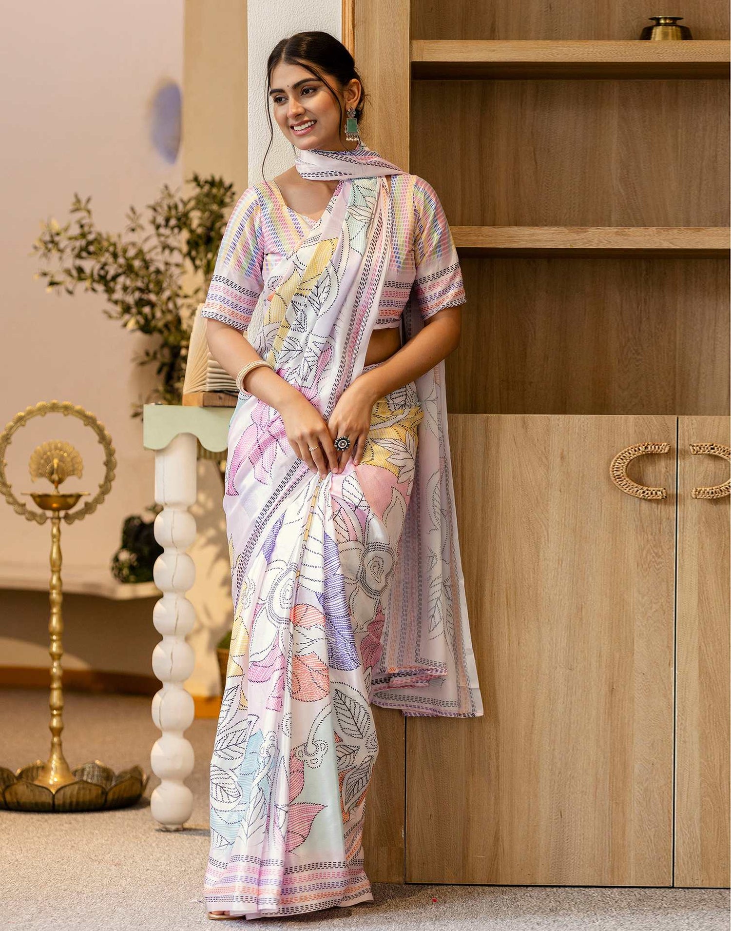 Ready To Wear Off White Silk Printed Saree