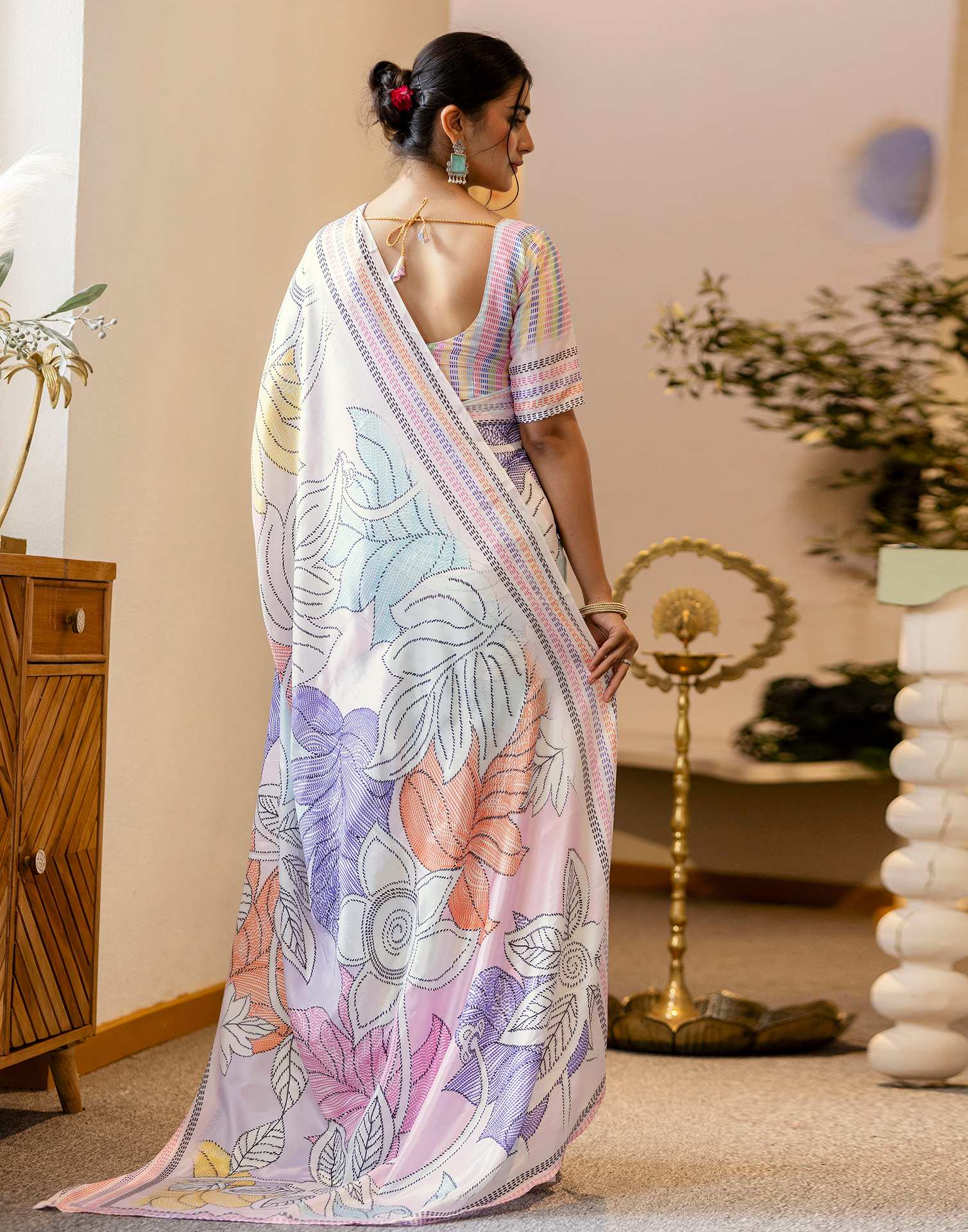 Ready To Wear Off White Silk Printed Saree
