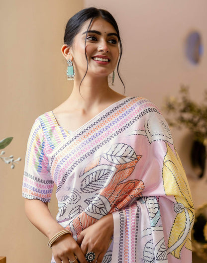 Ready To Wear Off White Silk Printed Saree