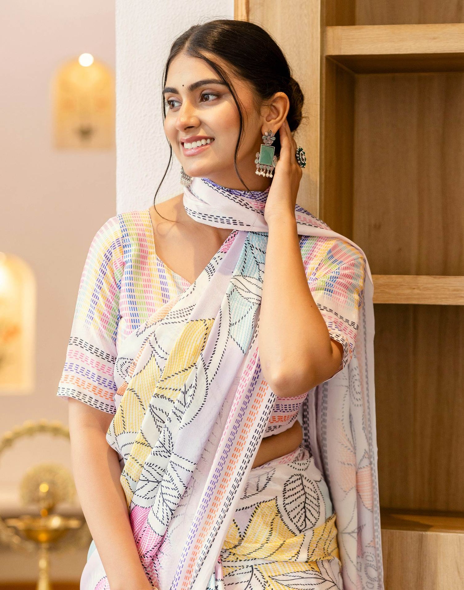 Ready To Wear Off White Silk Printed Saree