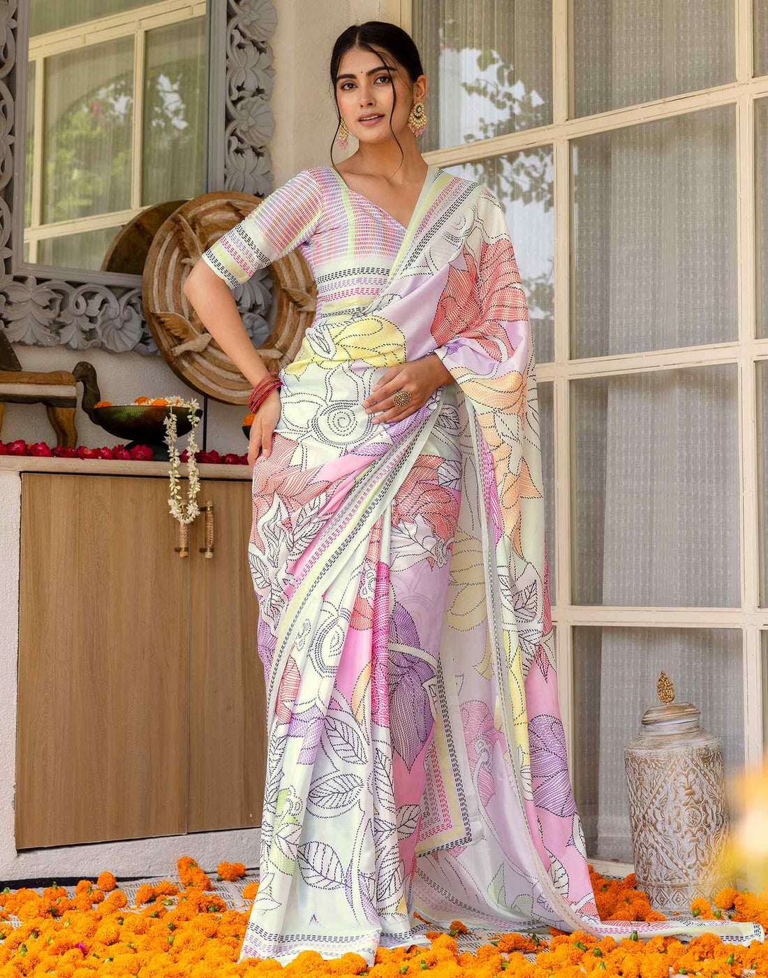 Ready To Wear Off White Silk Printed Saree