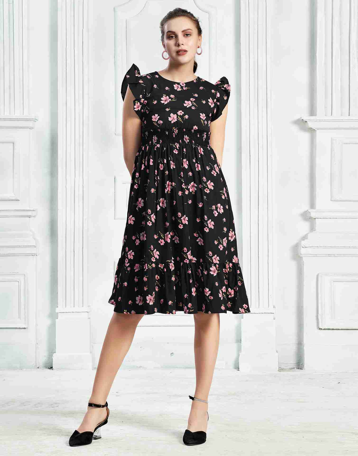 Black Polyester Printed Flared Dress