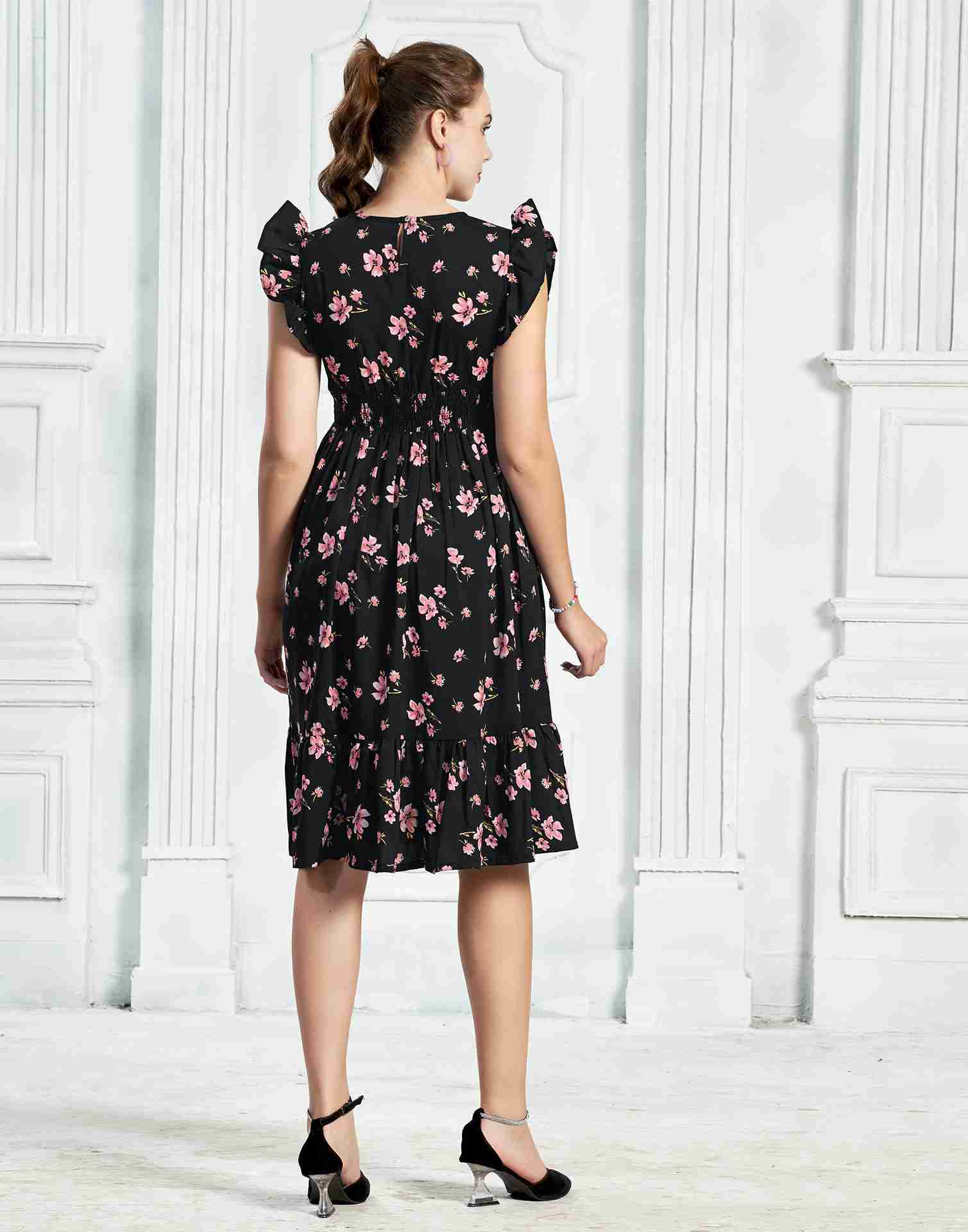 Black Polyester Printed Flared Dress