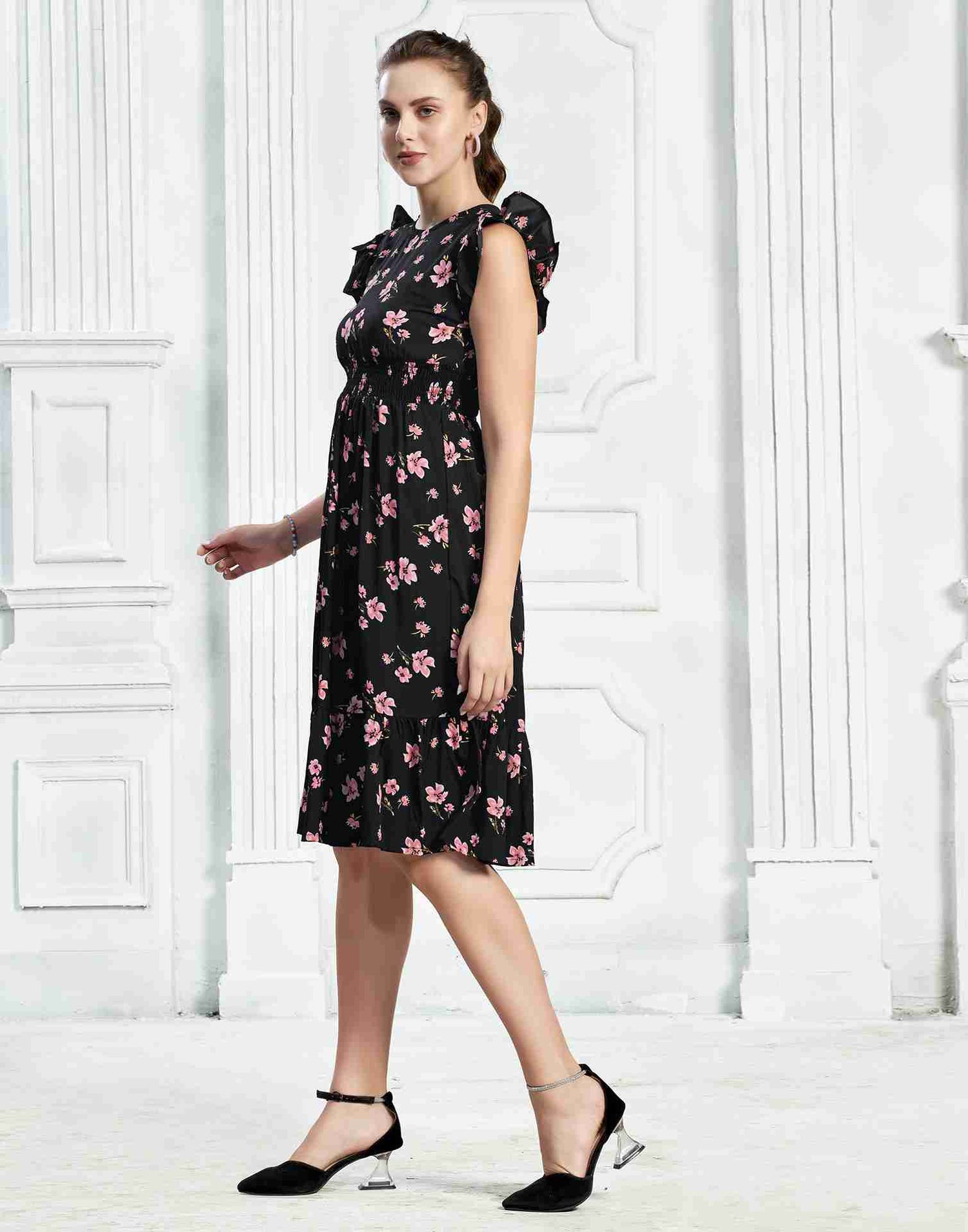 Black Polyester Printed Flared Dress