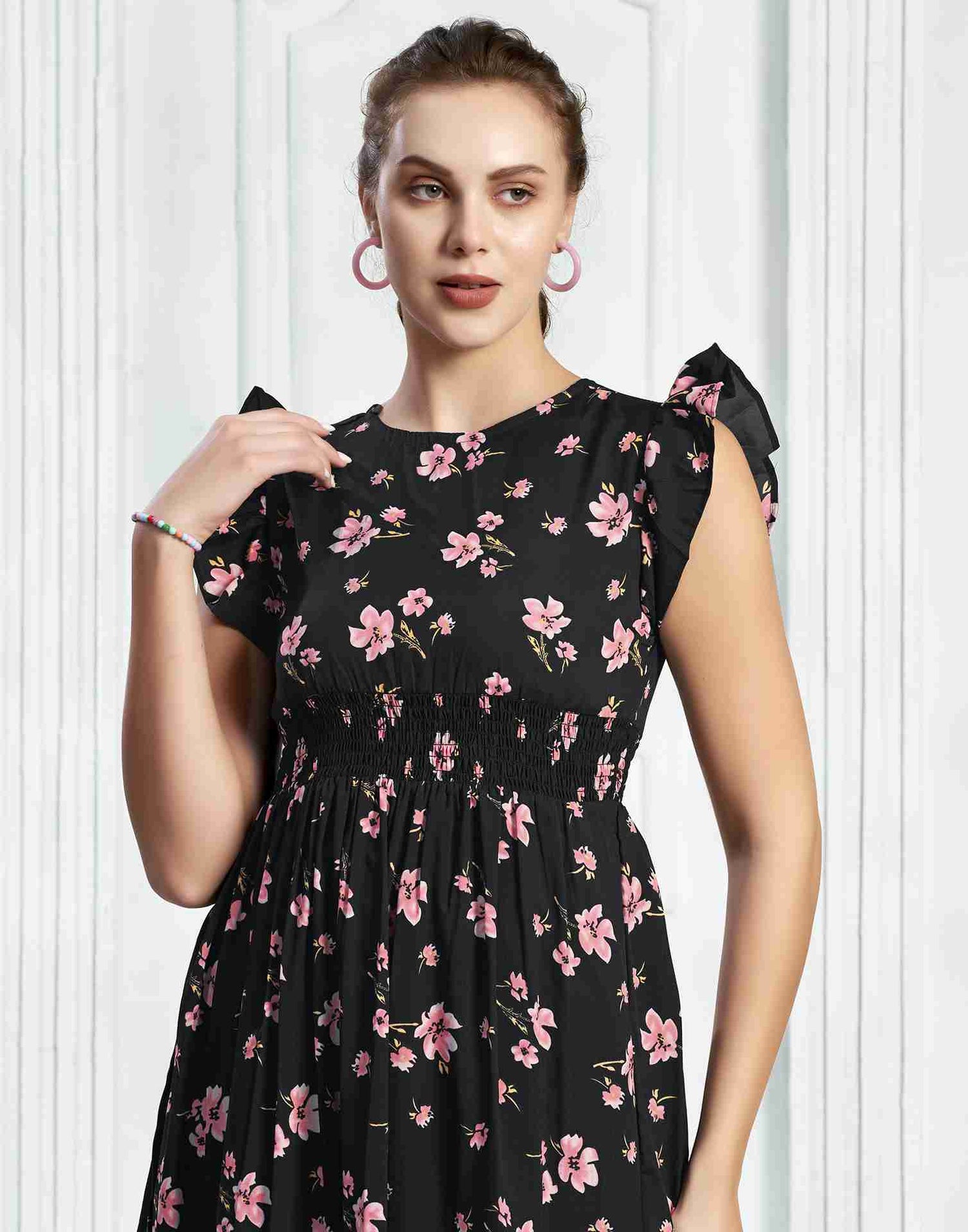 Black Polyester Printed Flared Dress