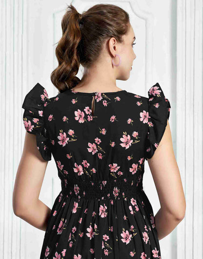 Black Polyester Printed Flared Dress