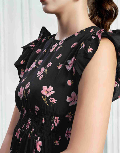 Black Polyester Printed Flared Dress