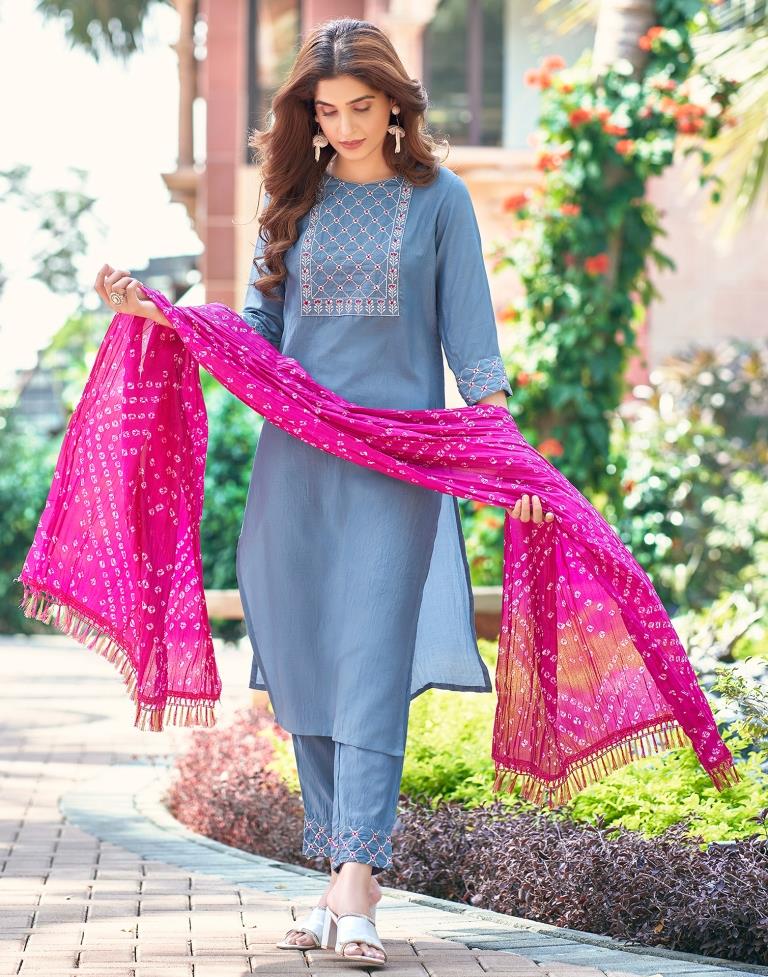 Dusty Blue Plain Chinnon Straight Kurta Set With Dupatta