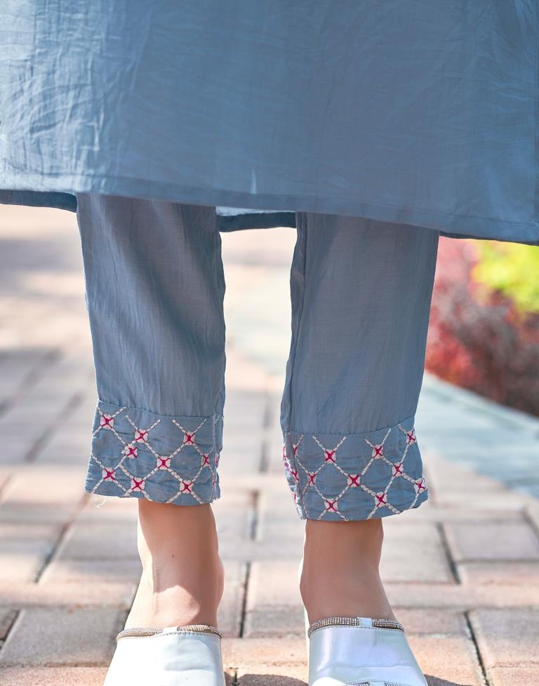 Dusty Blue Plain Chinnon Straight Kurta Set With Dupatta