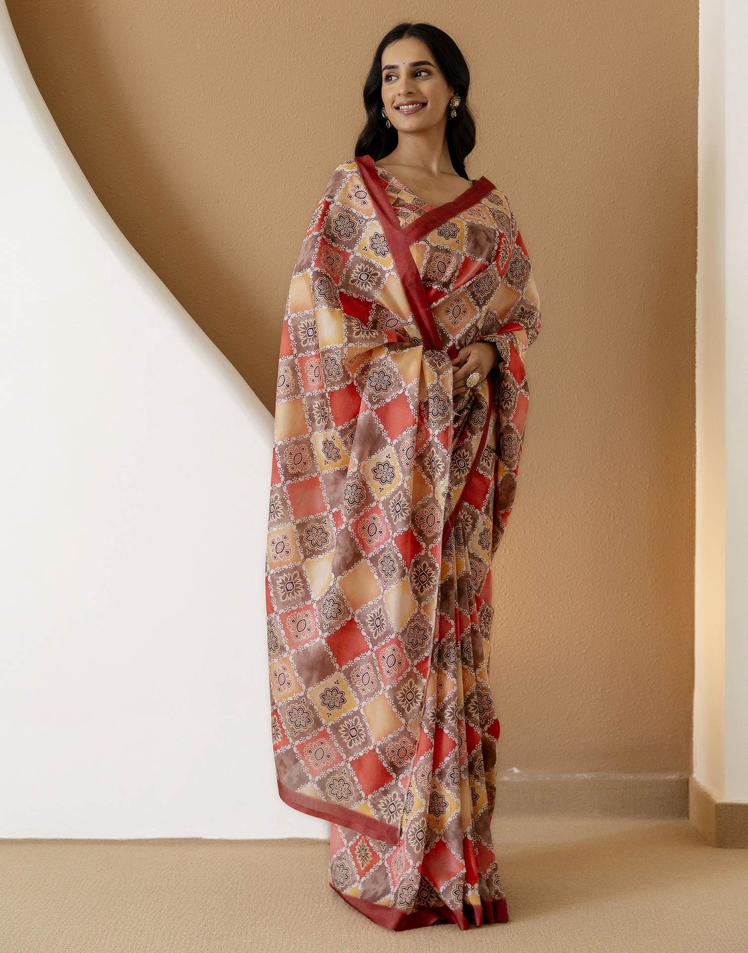 Ready To Wear Beige Silk Printed Saree
