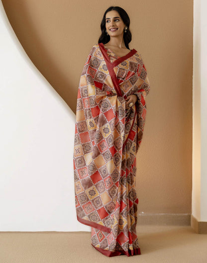 Ready To Wear Beige Silk Printed Saree
