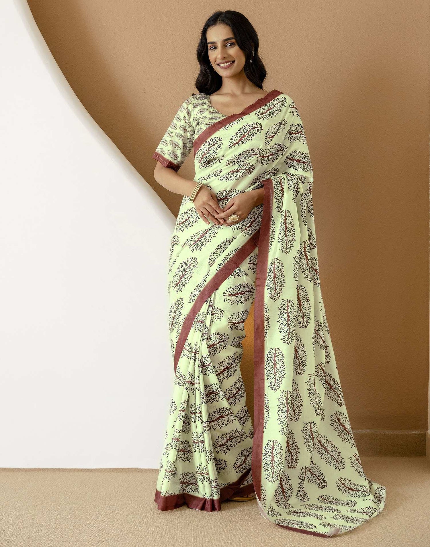 Ready To Wear Pista Green Silk Printed Saree
