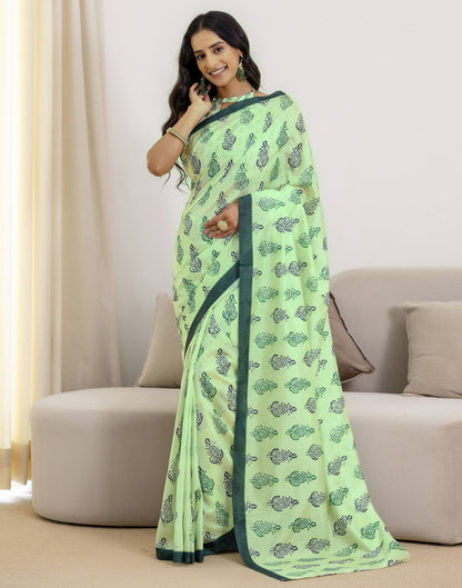 Ready To Wear Pista Green Silk Printed Saree