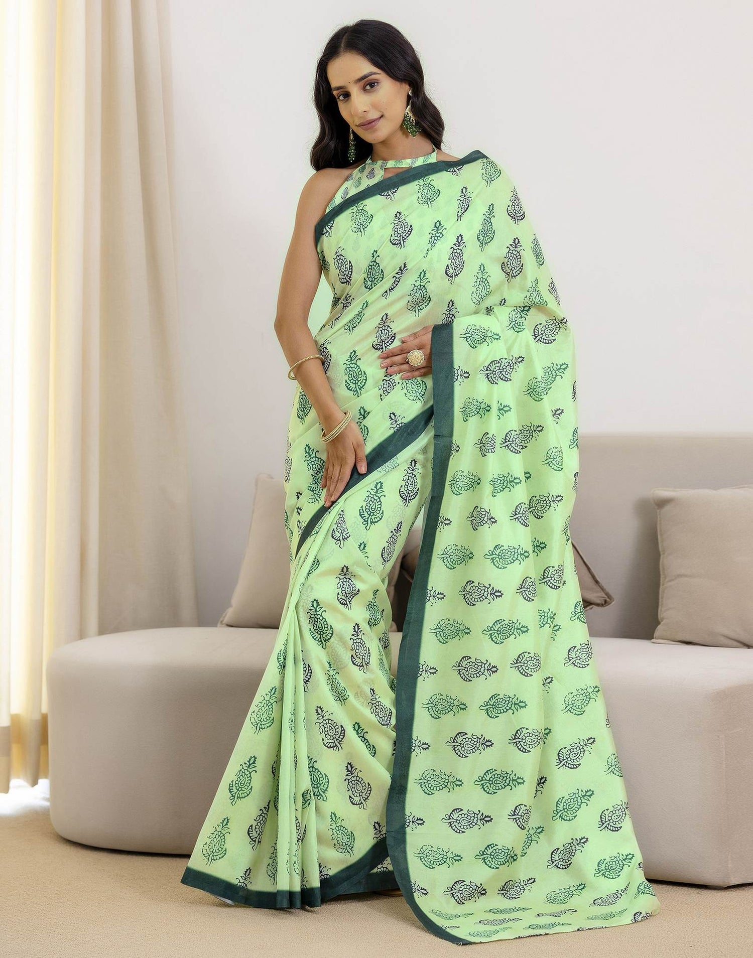 Ready To Wear Pista Green Silk Printed Saree
