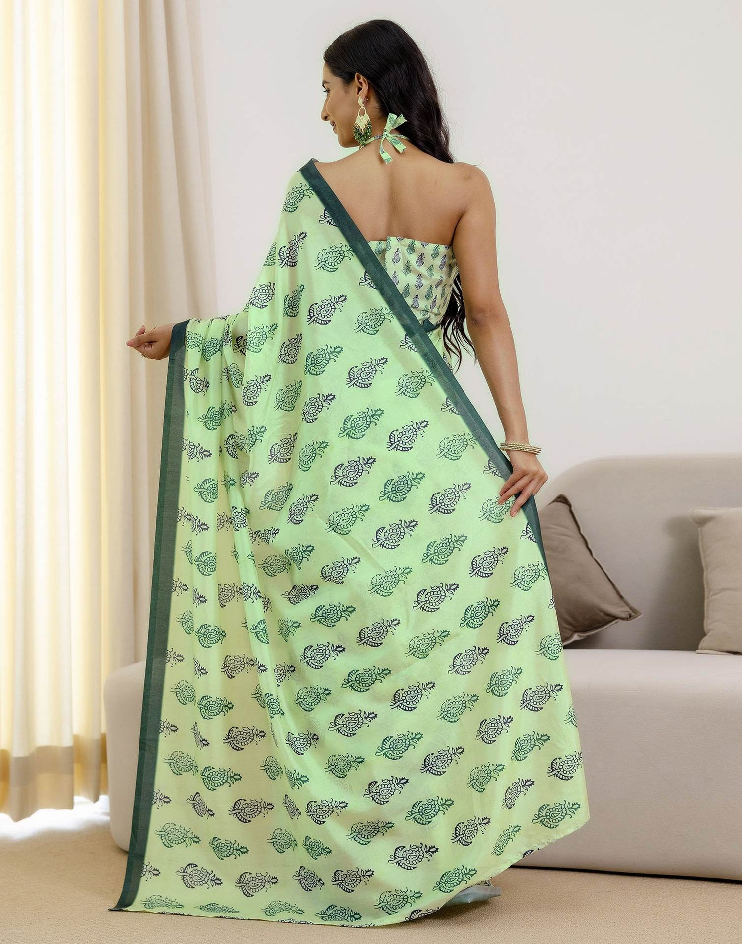 Ready To Wear Pista Green Silk Printed Saree