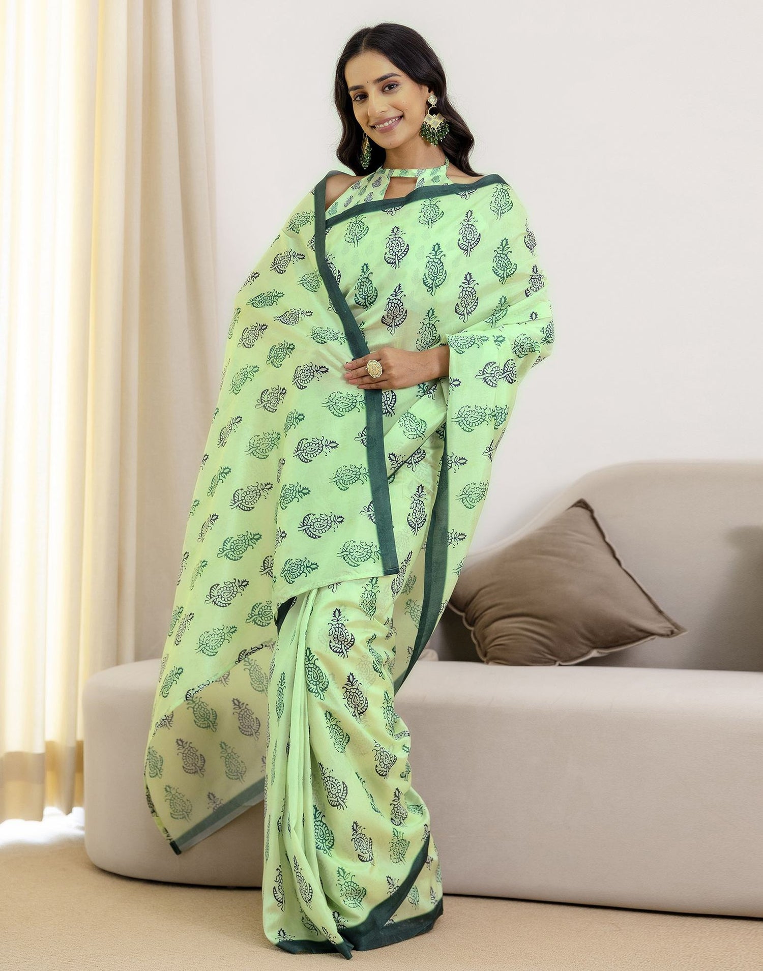 Ready To Wear Pista Green Silk Printed Saree