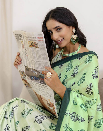 Ready To Wear Pista Green Silk Printed Saree