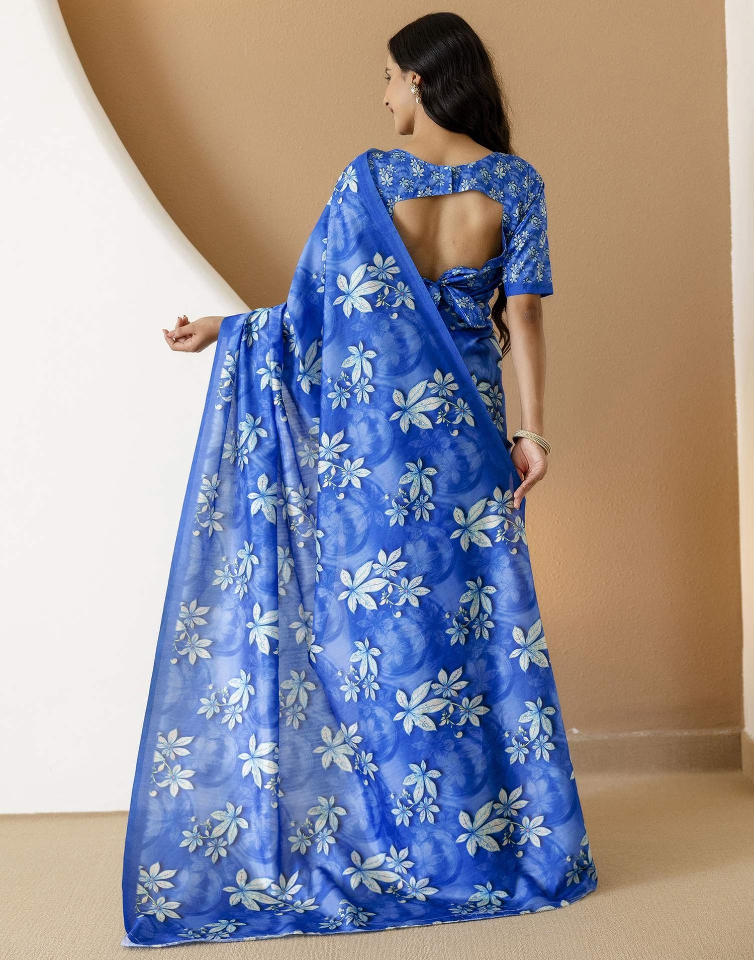 Ready To Wear Blue Silk Printed Saree