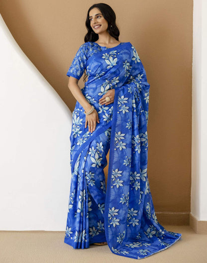 Ready To Wear Blue Silk Printed Saree