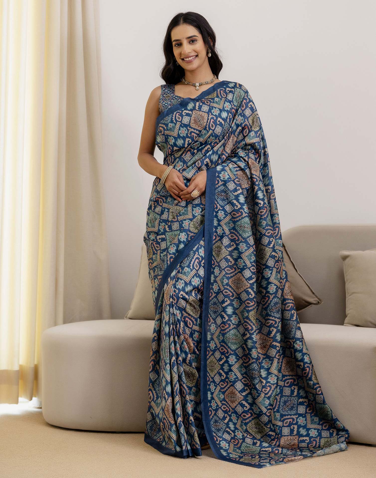 Ready To Wear Navy Blue Silk Printed Saree