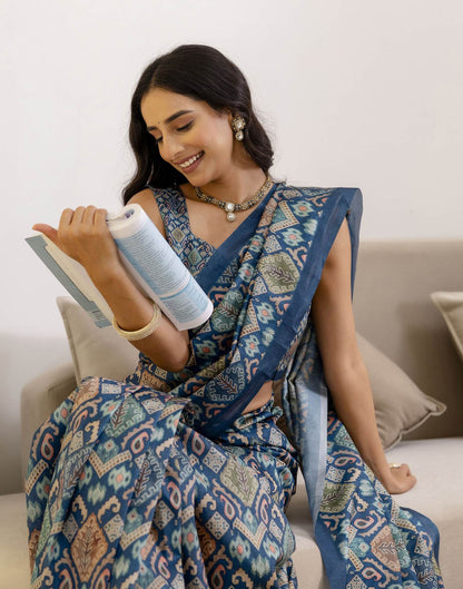 Ready To Wear Navy Blue Silk Printed Saree