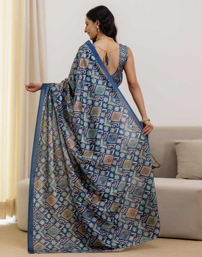 Ready To Wear Navy Blue Silk Printed Saree