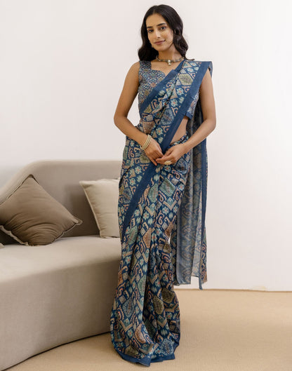 Ready To Wear Navy Blue Silk Printed Saree