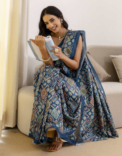 Ready To Wear Navy Blue Silk Printed Saree