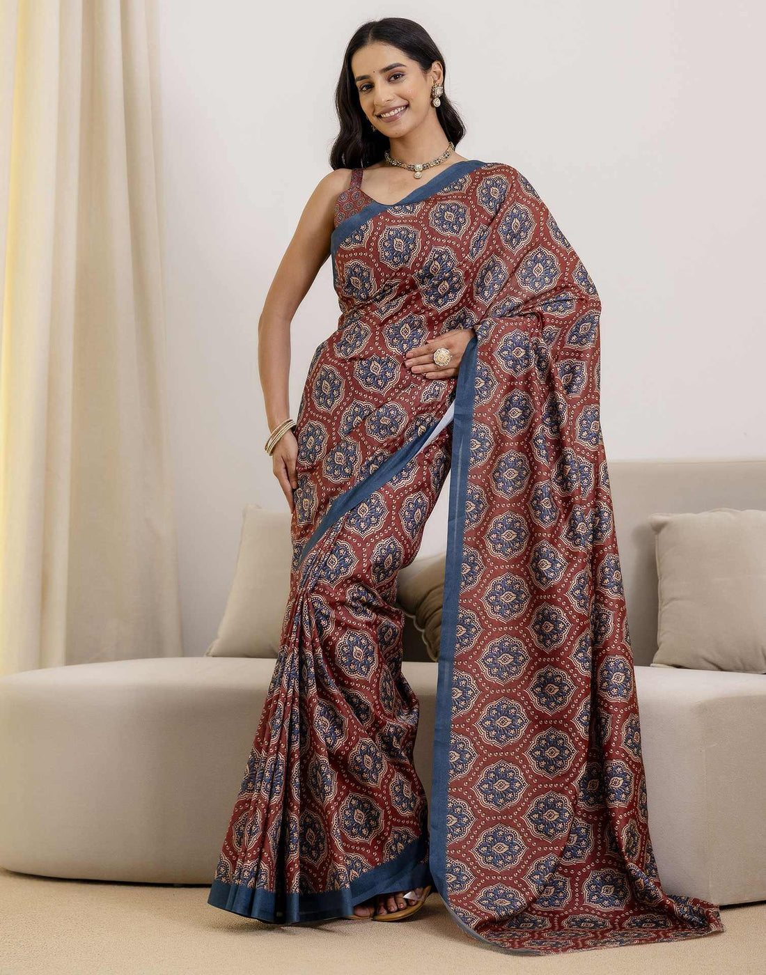 Ready To Wear Brown Silk Printed Saree