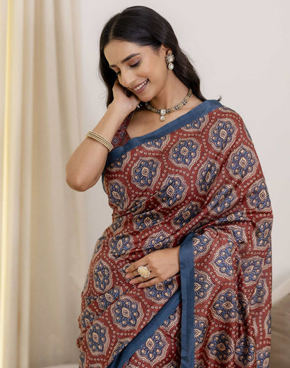 Ready To Wear Brown Silk Printed Saree