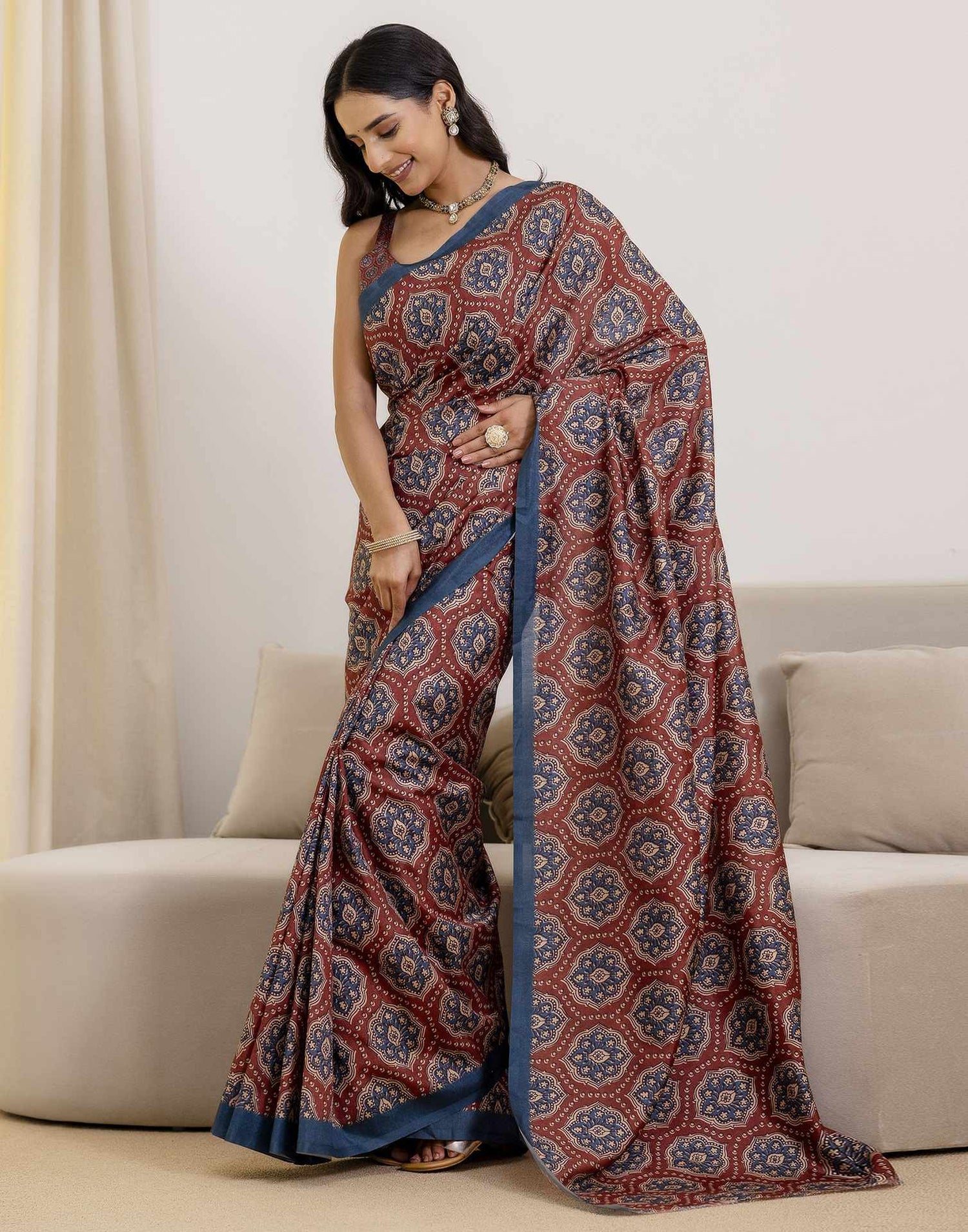 Ready To Wear Brown Silk Printed Saree