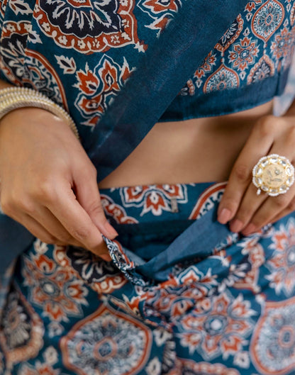 Ready To Wear Navy Blue Silk Printed Saree