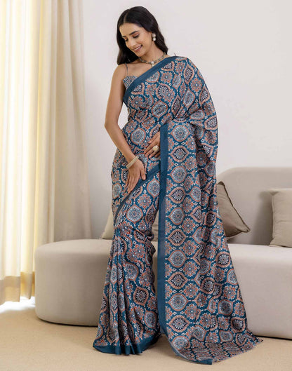 Ready To Wear Navy Blue Silk Printed Saree