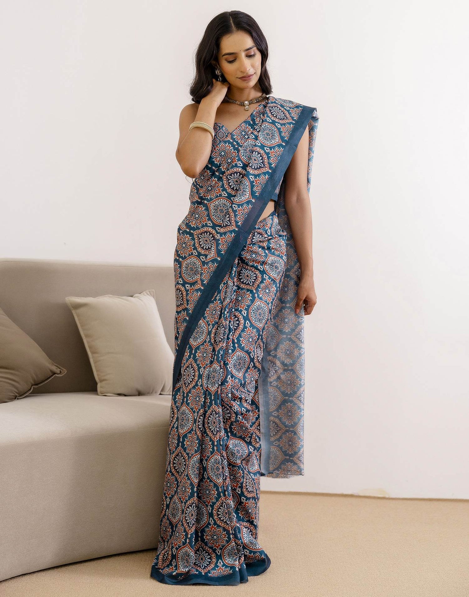 Ready To Wear Navy Blue Silk Printed Saree