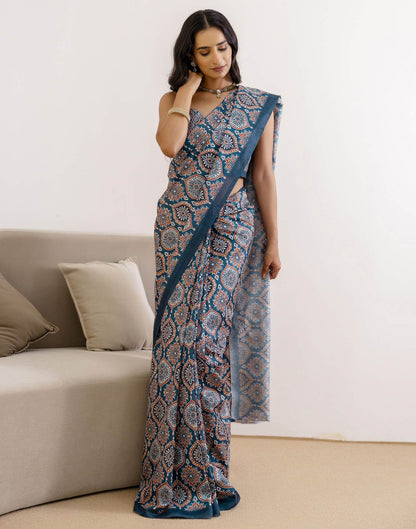 Ready To Wear Navy Blue Silk Printed Saree