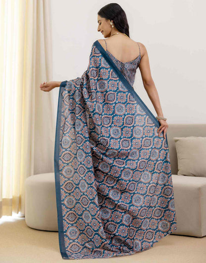 Ready To Wear Navy Blue Silk Printed Saree