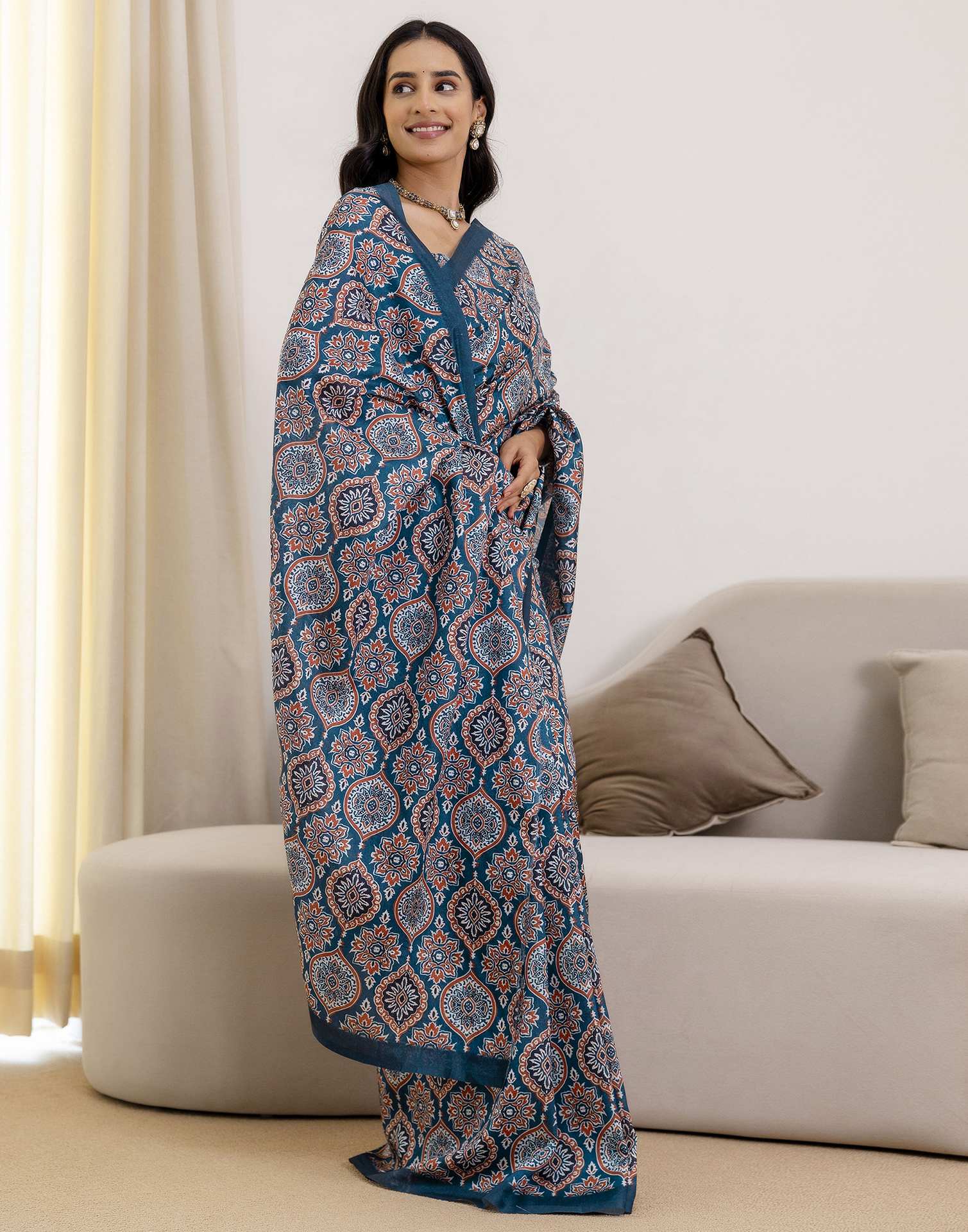 Ready To Wear Navy Blue Silk Printed Saree