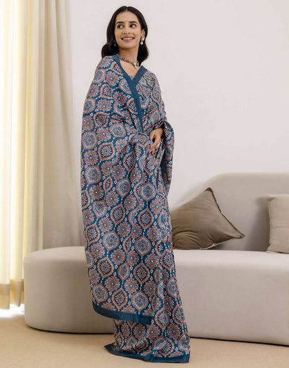 Ready To Wear Navy Blue Silk Printed Saree