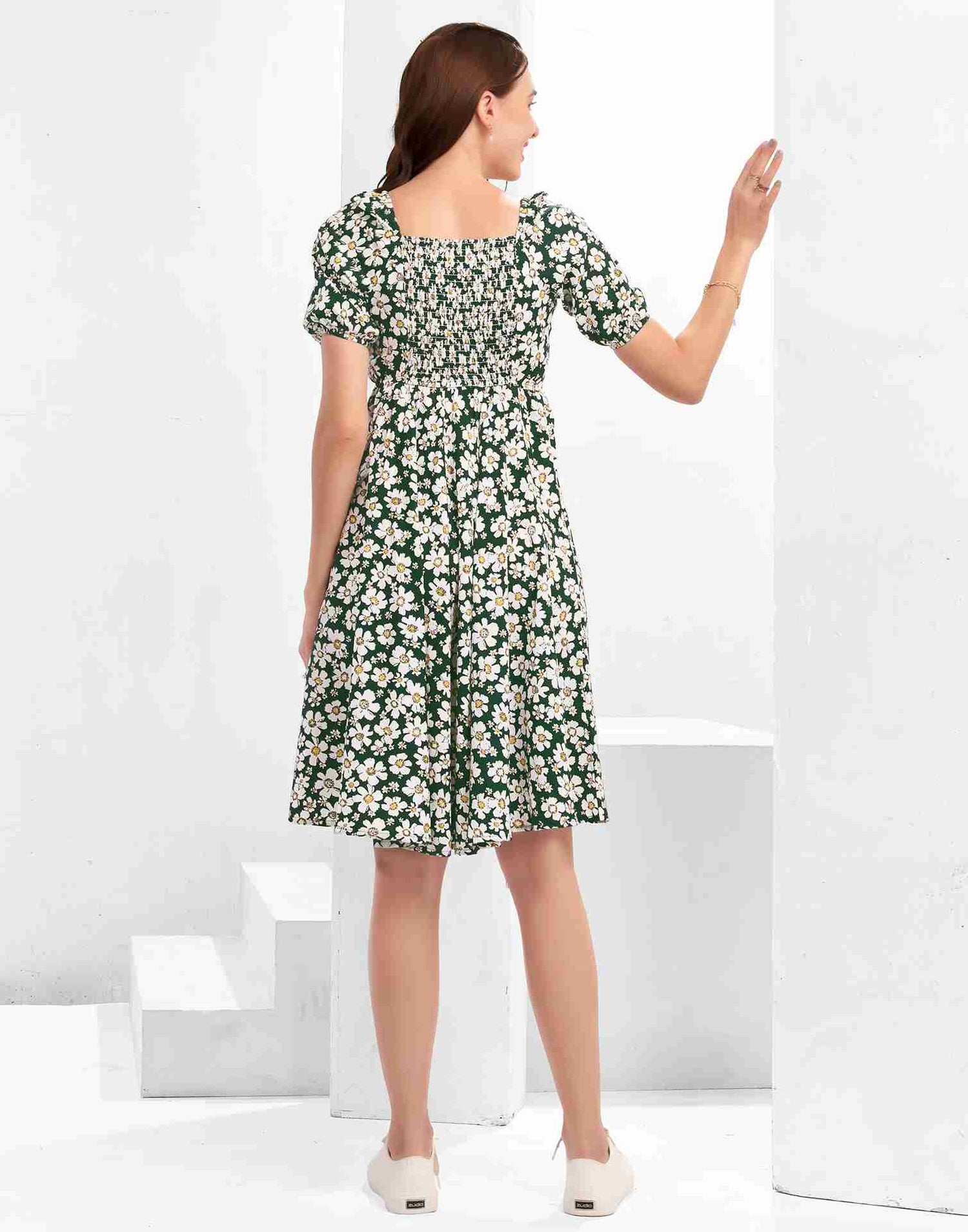 Dark Green Polyester Printed Flared Dress