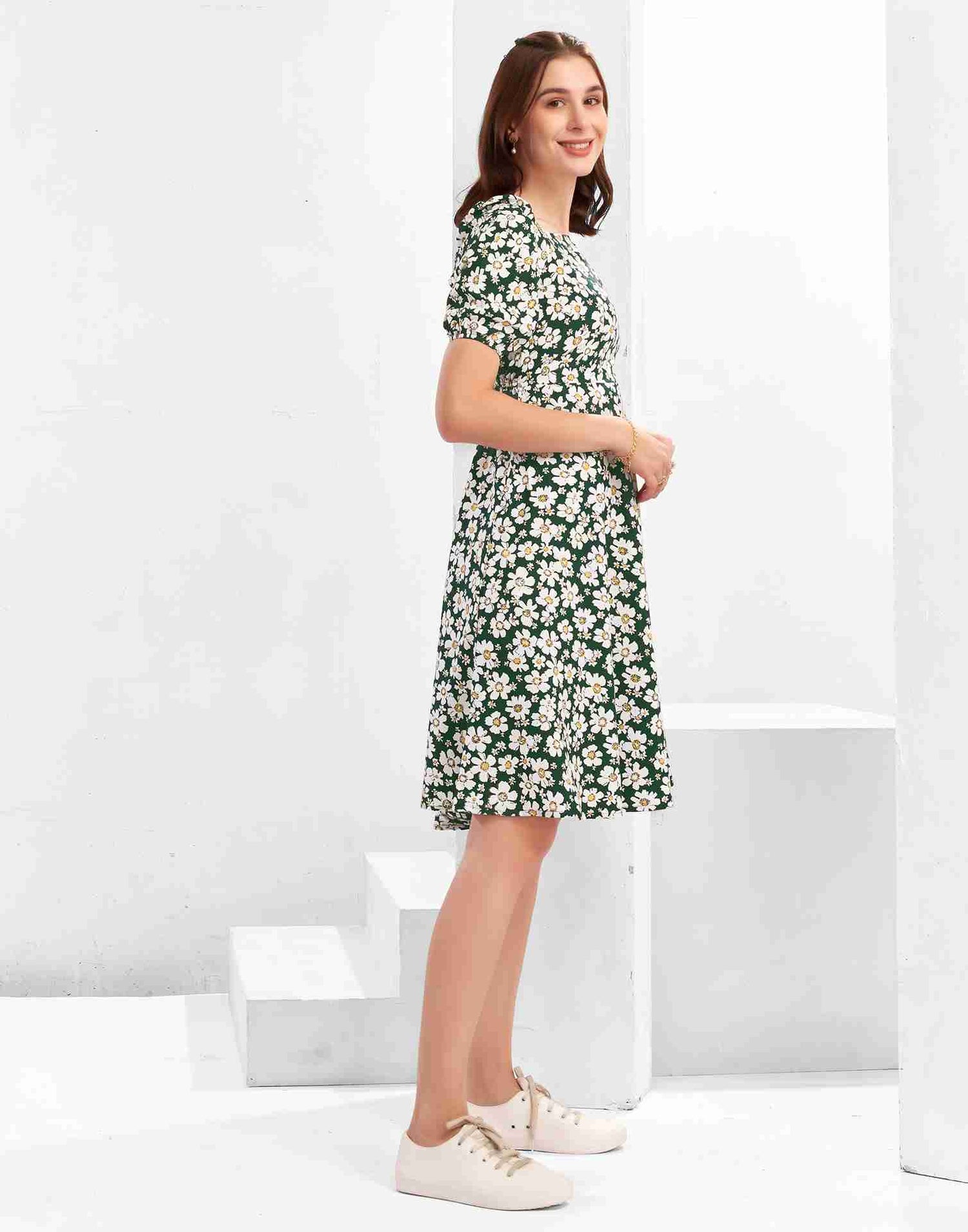 Dark Green Polyester Printed Flared Dress