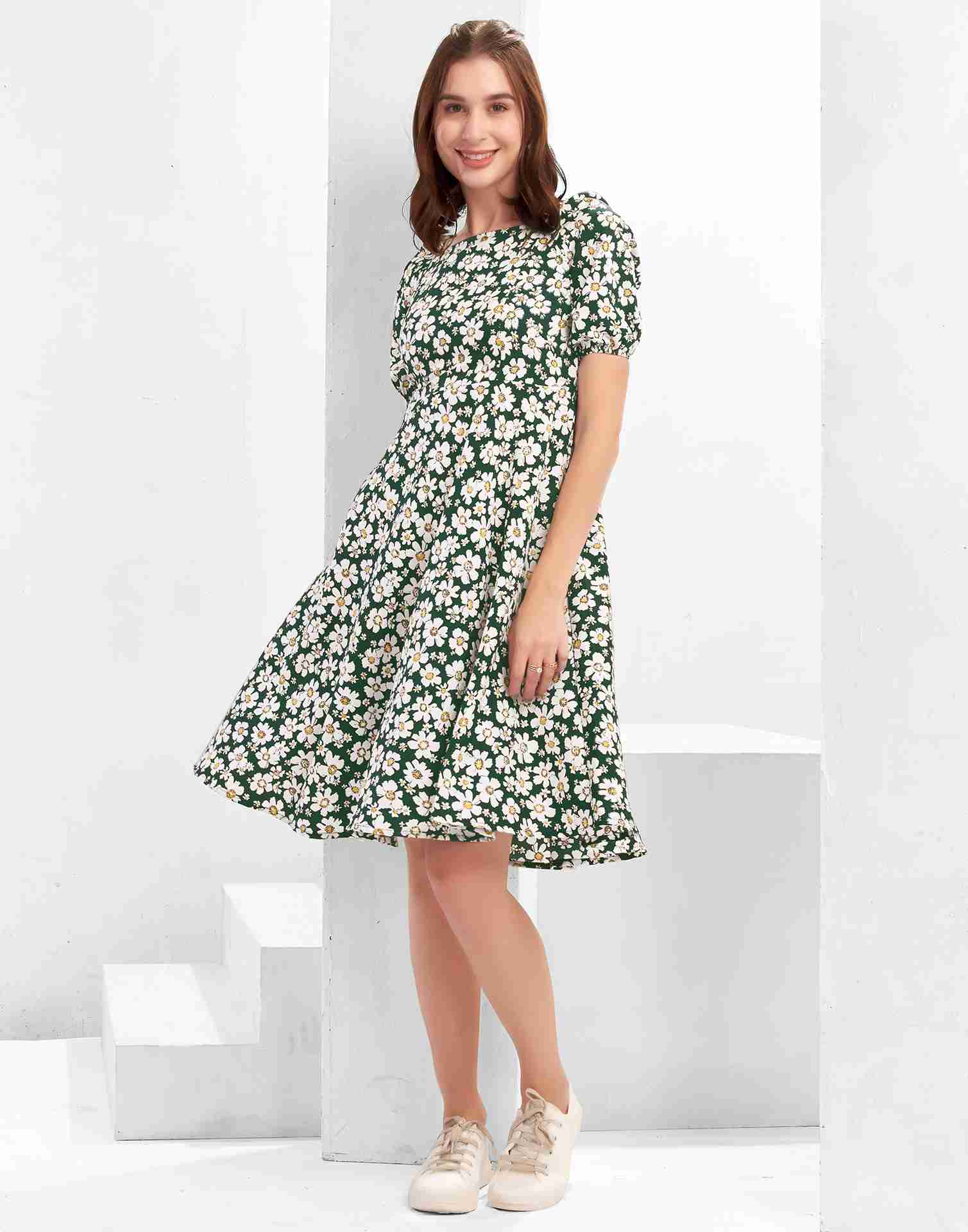 Dark Green Polyester Printed Flared Dress